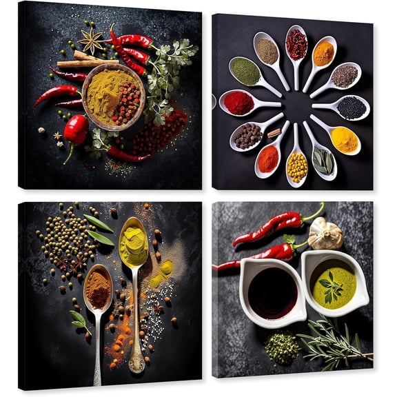 ZHONGYUTONG 4 Piece Kitchen Canvas Wall Decor Spices in Spoon Wall Art Vintage Picture Colorful Food Painting for Dining Decor Framed (10.00" x 10.00" x 4PCS)