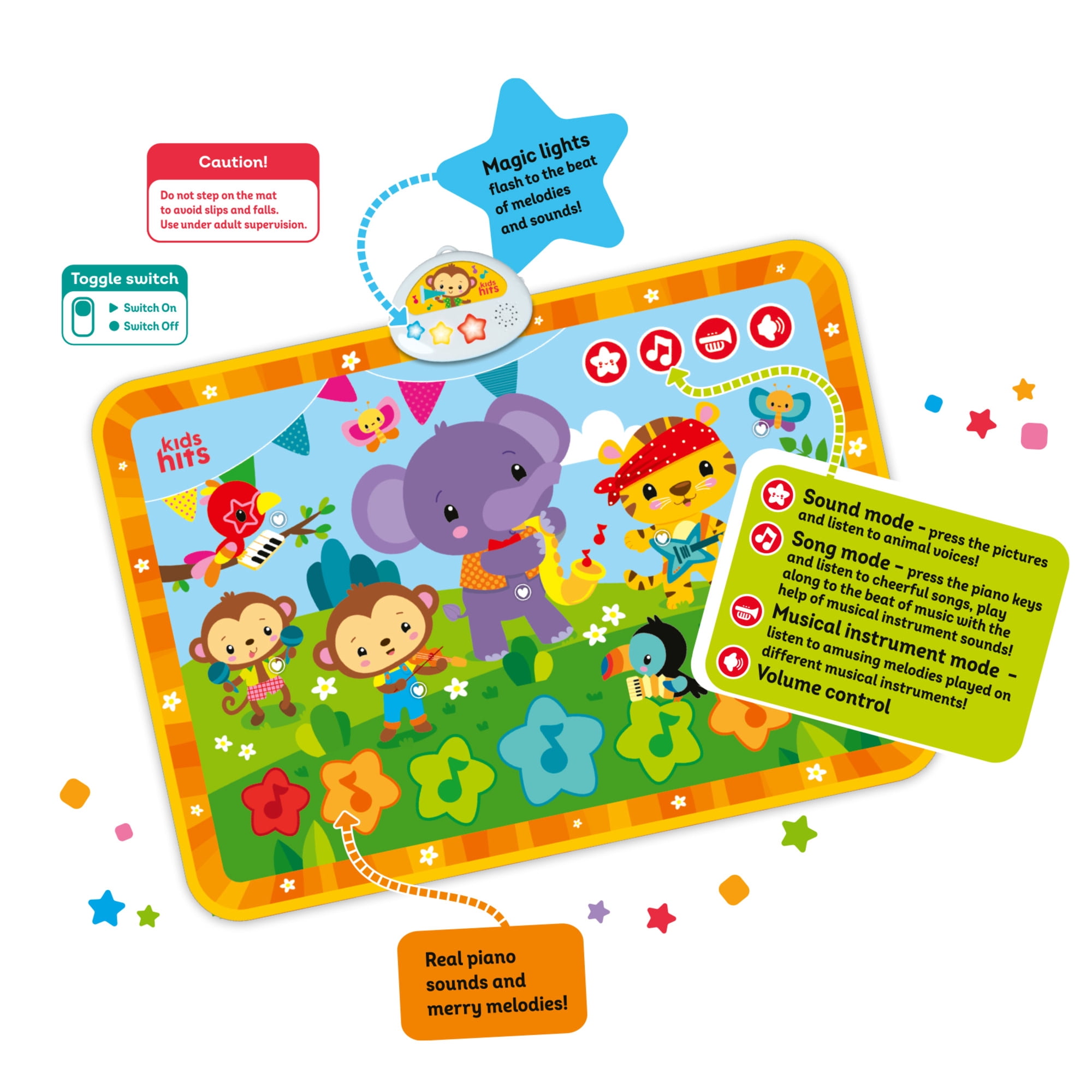 Kids Hits: Light & Sound Mat - Baby Concert - Music Activity Floor Pad, Sensory Toy, Animals-Songs-Piano Notes, Touch-Listen-Learn, Baby-Toddlers 8Mo+