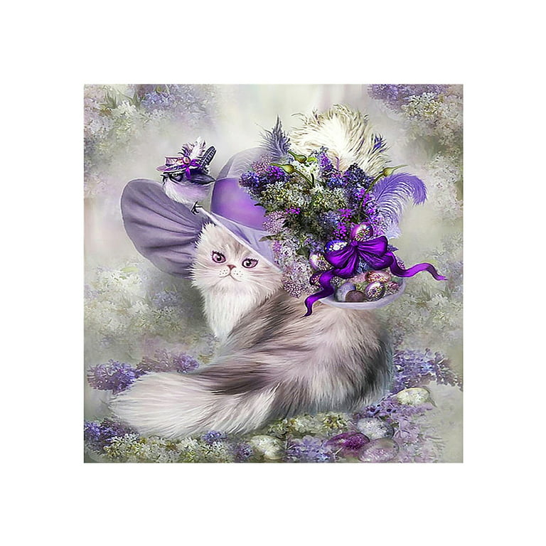 5D DIY Purple Hat Cat Diamond Art Canvas Embroidery Decorative Painting 