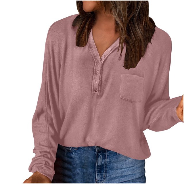 Yyuzo Women's Long Sleeve Shirts Button up V Neck Fall Tops Solid Color Loose Fitted Tees Tunic Top Blouses