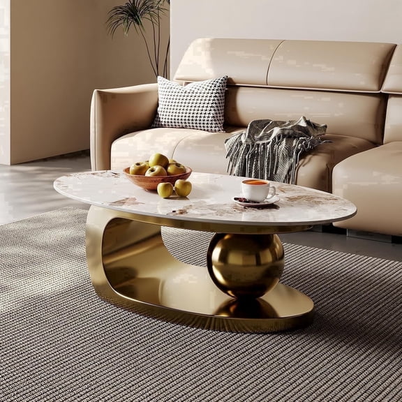 FHKJ HOME 51.2" Modern Oval Coffee Table, White Sintered Stone Top & Gold Stainless Steel Base