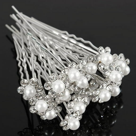 Grofry Hair Stick 20Packs Wedding Bridal Faux Pearl Rhinestone Flower Pins Clips Silver