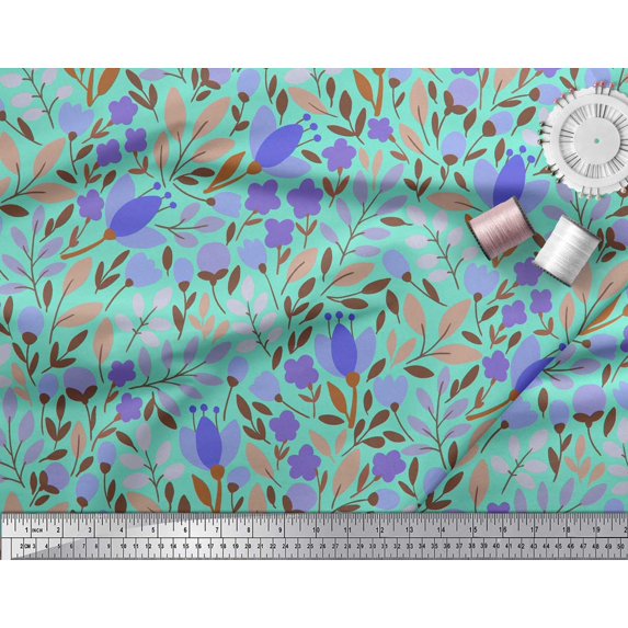 Soimoi Green Cotton Duck Fabric Artistic Leaf & Floral Printed Fabric 1 Yard 42 Inch Wide