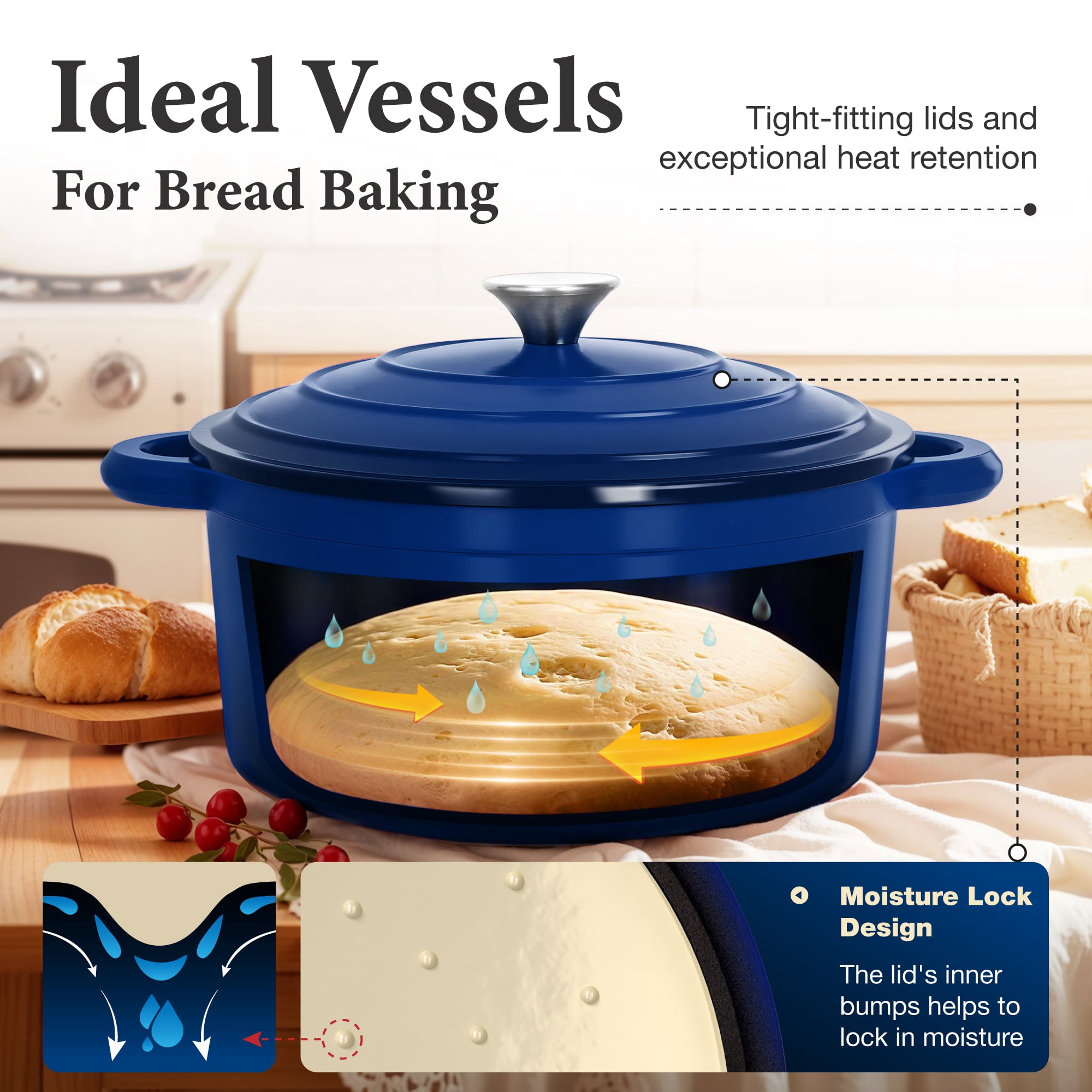 MF Studio 7-Piece Enameled Cast Iron Cookware Sets, Heavy Duty Ceramic Coated Pots and Pans Set, Blue Dutch Ovens Set