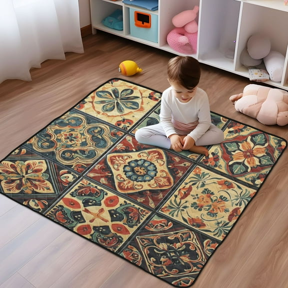 WOBOGO Carpet Patterns Baby Playmats Extra Large Waterproof Rollable Activity Pads for Toddlers 50×50inch