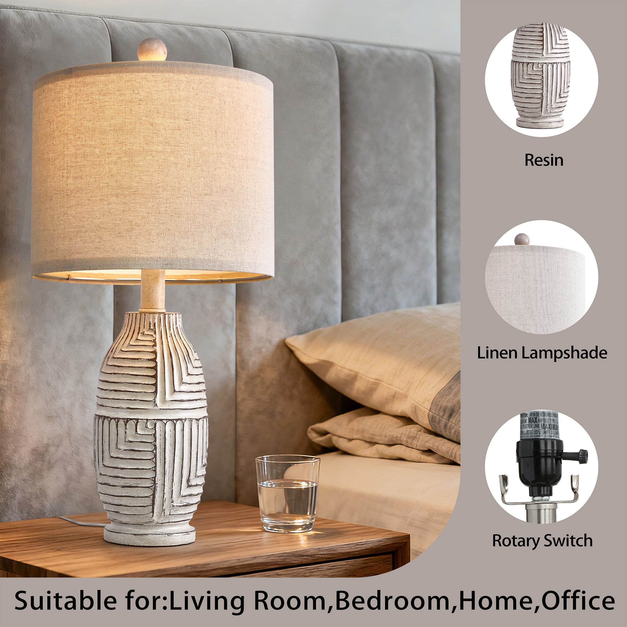 Oneach 20.25" Farmhouse Table Lamps Set of 2 for Living Room Bedroom Resin Bedside Nightstand Lamps with Beige Linen Drum Shade