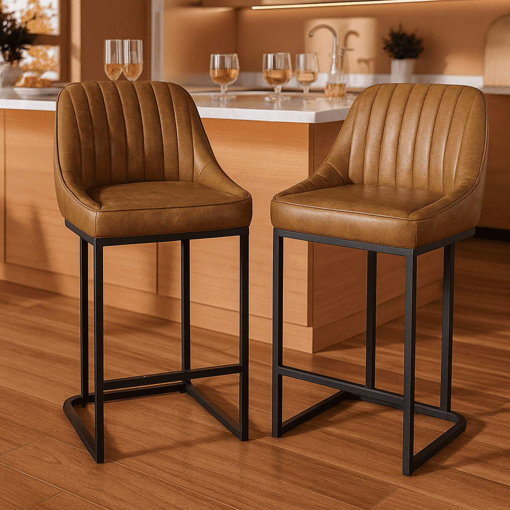 iooHug Bar Stools Set of 2, 24 Inch Counter Height Bar Stools with Back and Metal Frame, Upholstered Leather Barstools for Kitchen Island, Home Bar, Counter, Support 300 LBS, Brown