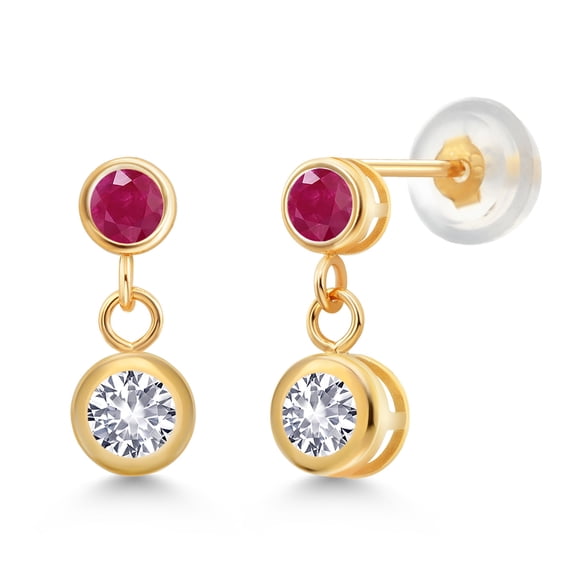 Gem Stone King 14k Yellow Gold White Created Sapphire and Red Ruby Two Stone Dangle Earrings for Women (0.81 Cttw, Gemstone September Birthstone, Round 4MM, Round 3MM)