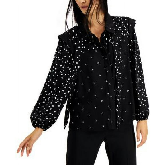 Alfani Dot Printed Tie Neck Top Black Dots M