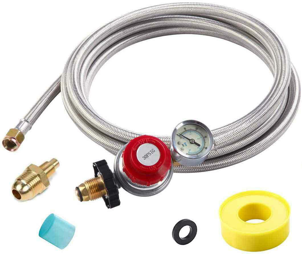 Propane Regulator 3 way Manifold 2 Braided Hoses and 16' Stainless Hose Gas LP 