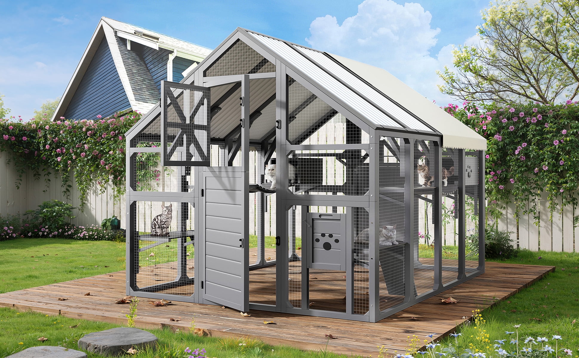 YIYADO Extra Large Catio Outdoor Cat House, Walk-In Outdoor Pet House for Multiple Cats, Catio Cat Run with Bridge, PVC Roof, Weatherproof Cover, 8 Platforms, 2 Rest Boxes, Gray