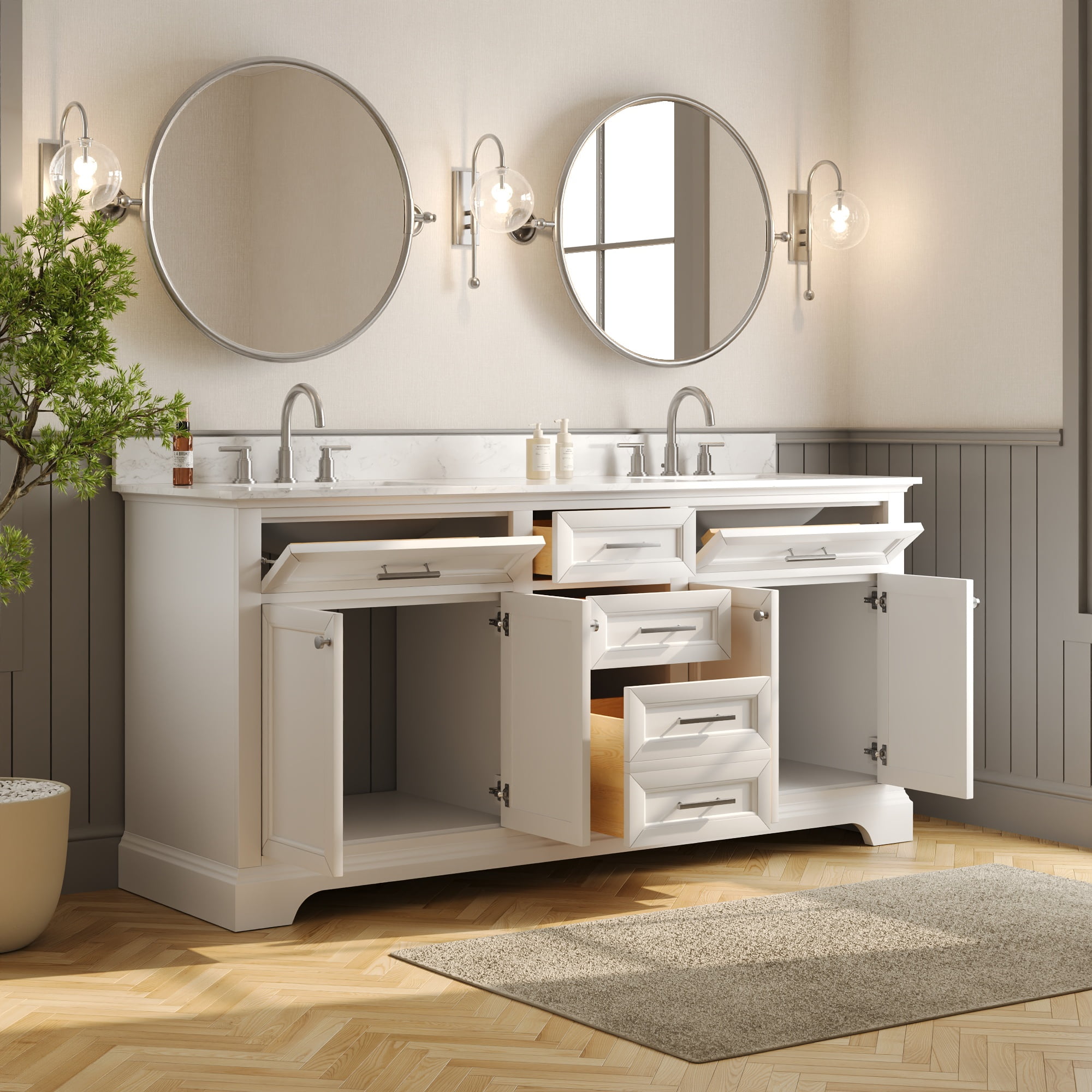 72" Bathroom Vanity Double Sink Top with Backsplash, Pre-assembled Cabinet Sink Combo White