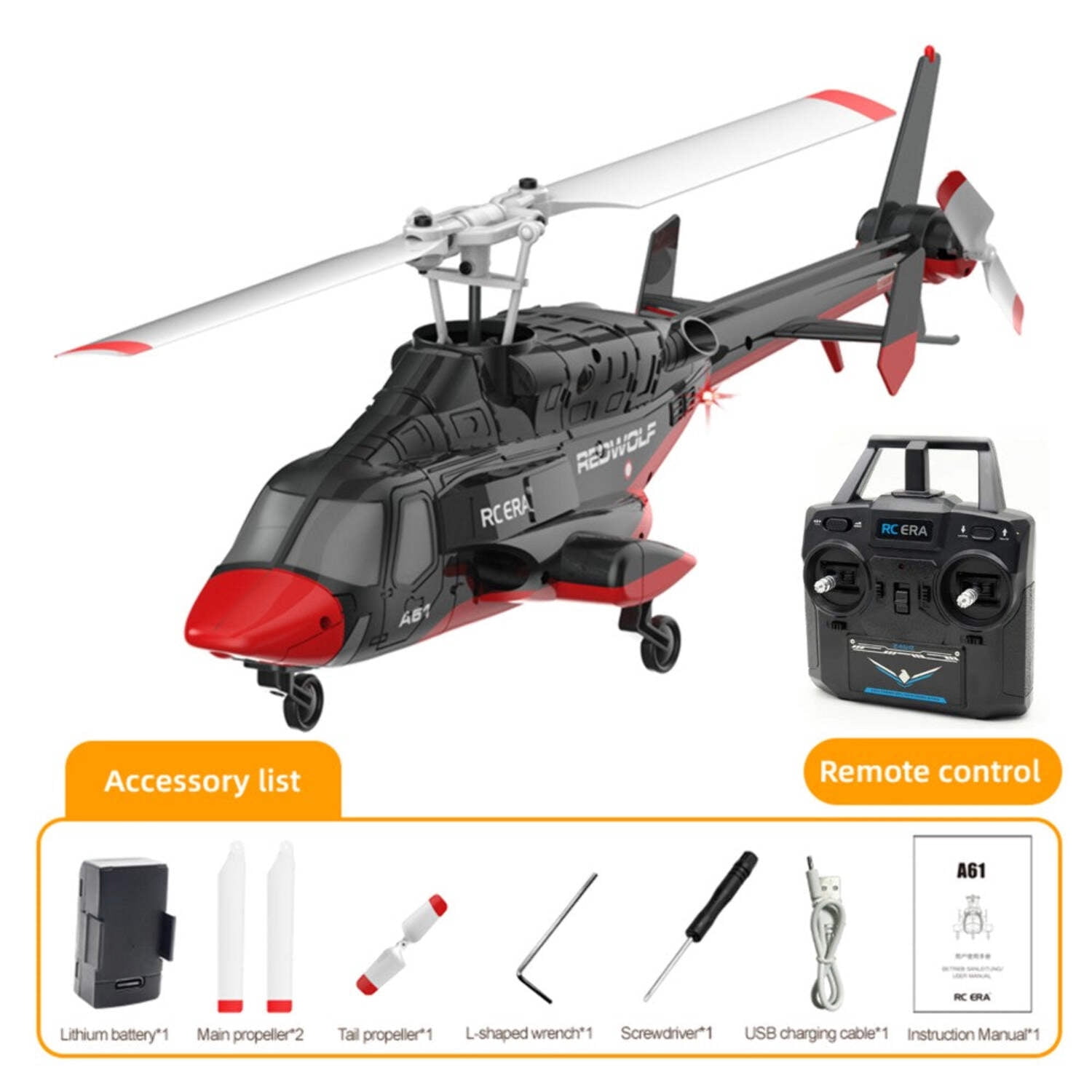 RC ERA A61 AirWolf 110-Size Scale RC Helicopter - RTF w/ Optical Flow Sensor  Auto Stabilization - Black/Red
