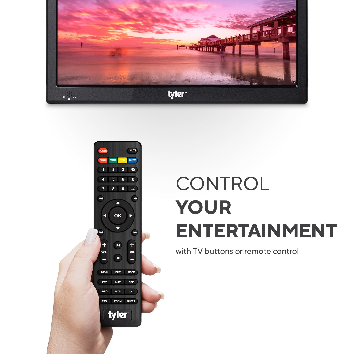 Tyler 13.3" Portable TV LCD Monitor, LED, Portable, with Battery Powered, Wireless Capability, HDMI, USB, RCA, AC/DC, FM Radio, Car Charger, Remote Control, Built in Stand, New
