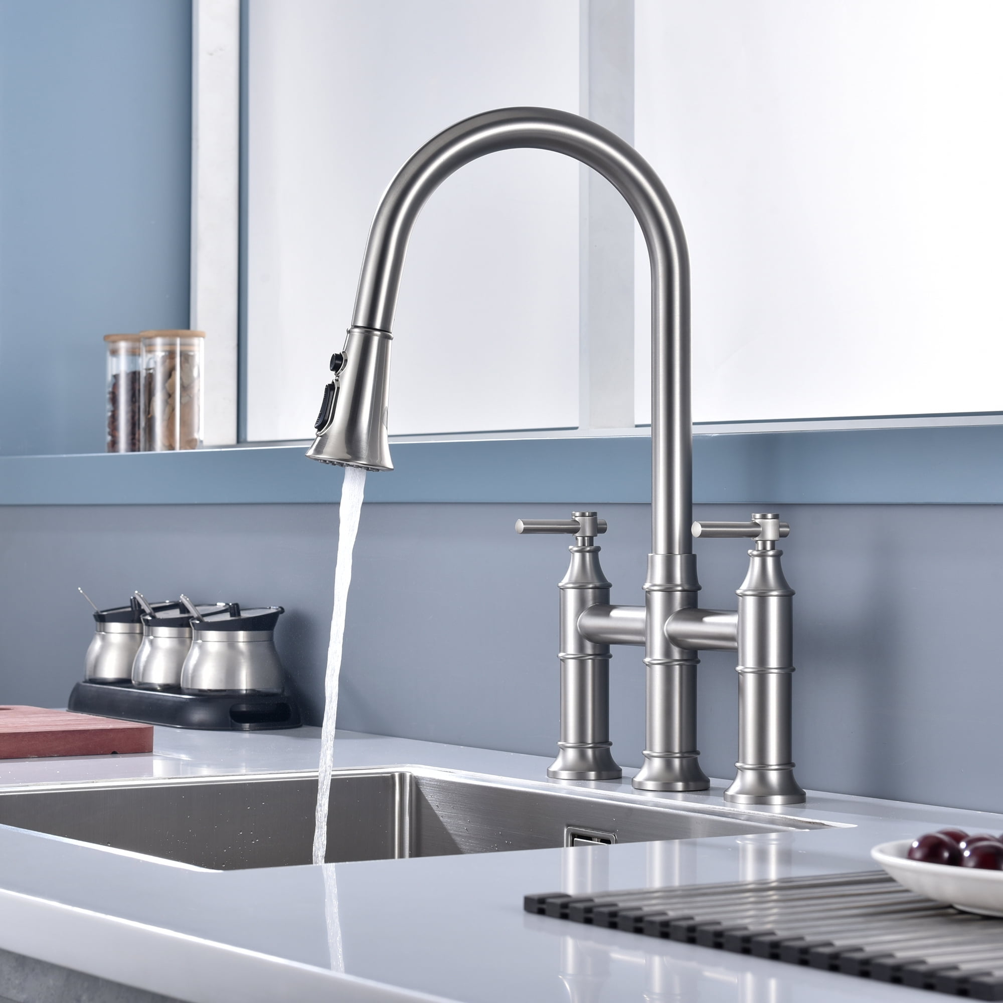 SUMERAIN 2-Handle Bridge Kitchen Faucet with Pull Down Sprayer, 3 Hole Kitchen Sink Faucet Stainless Steel, Brushed Nickel