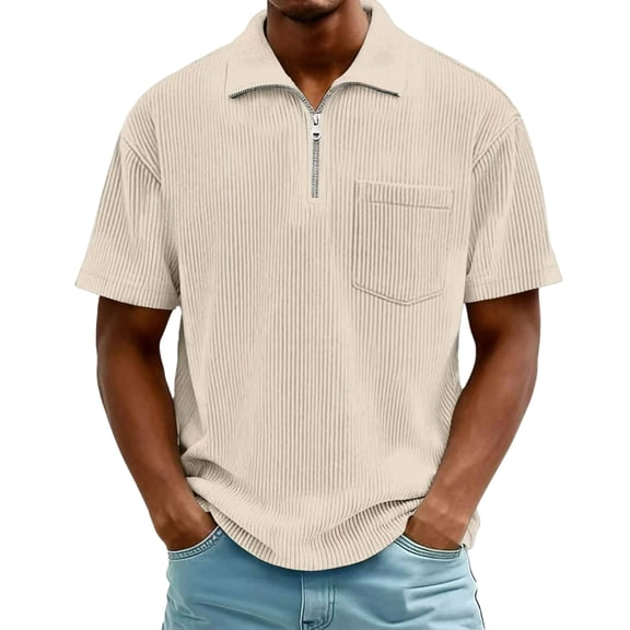 Kakii 1/4 Zip Pullover Mens Corduroy Short Sleeve Mock Neck Golf Shirts Loose Fit Casual Ribbed Polo Shirt Lightweight Tops