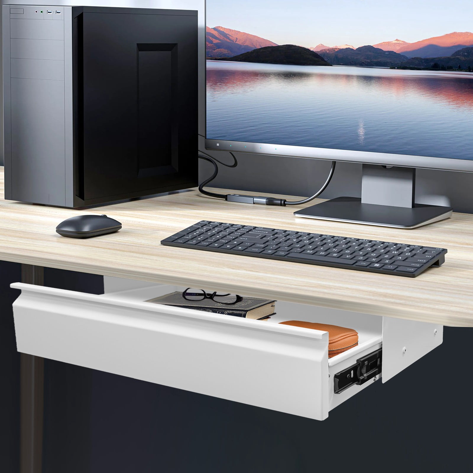 ToppiJoy 24” Under Desk Drawer, Mounted Sliding Pull-out Drawer for Sit Stand Workstation (White)