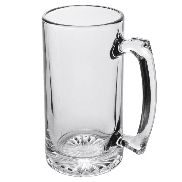 juego de 12 tarros cervecero de vidrio stovmex de 469 ml, vista frontal 3/4 de un tarro transparente con asa cómoda, cuerpo cilíndrico y base estriada, vidrio resistente a rayaduras y apto para lavavajillas según especificaciones, alto 15.2 cm y diámetro 8 cm; frecuentemente usado también para servir refrescos o sidra en reuniones.