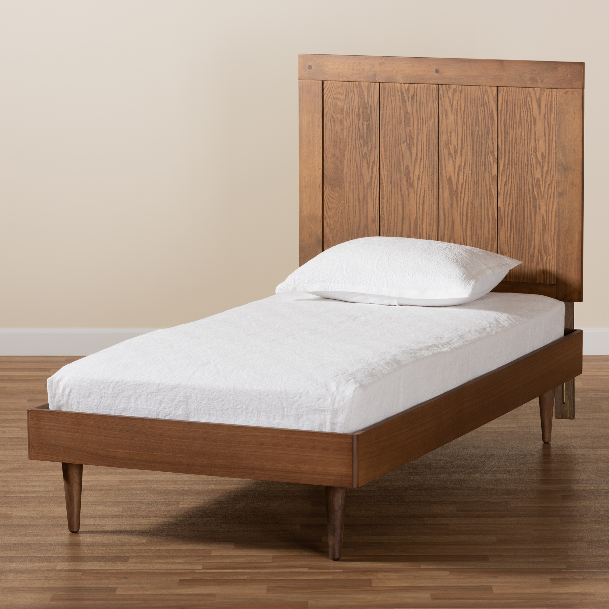 Baxton Studio Nicola Mid-Century Wood Back Support Platform Bed, Twin, Ash Walnut