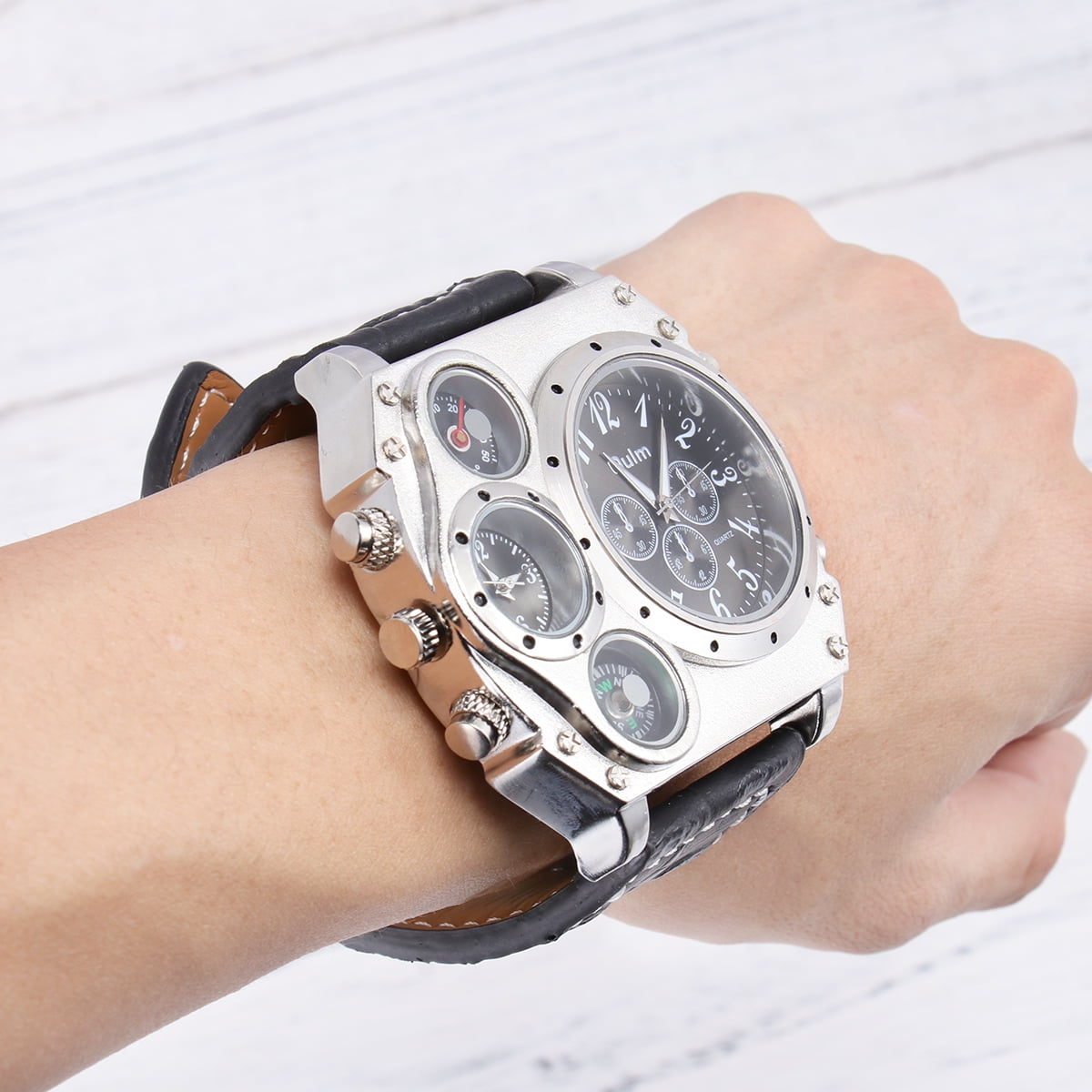 1349 Waterproof Men s Dual Time Display Quartz Wrist Watch with PU Band Thermometer Compass Black Walmart