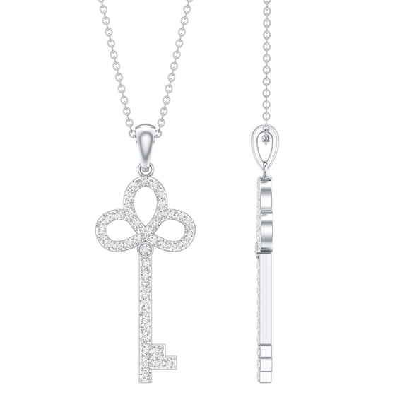 Rosec Jewels Lab Grown Diamond Key Necklace Pendant with Chain - Ef-Vs Quality Pave Diamond Necklace - Anniversary Gift, 925 Sterling Silver