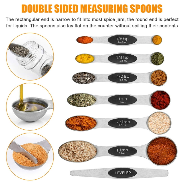  Magnetic Measuring Spoons Set of 9 Stainless Steel Stackable  Dual Sided Teaspoon Tablespoon for Measuring Dry and Liquid Ingredients  Fits in Spice Jars: Home & Kitchen