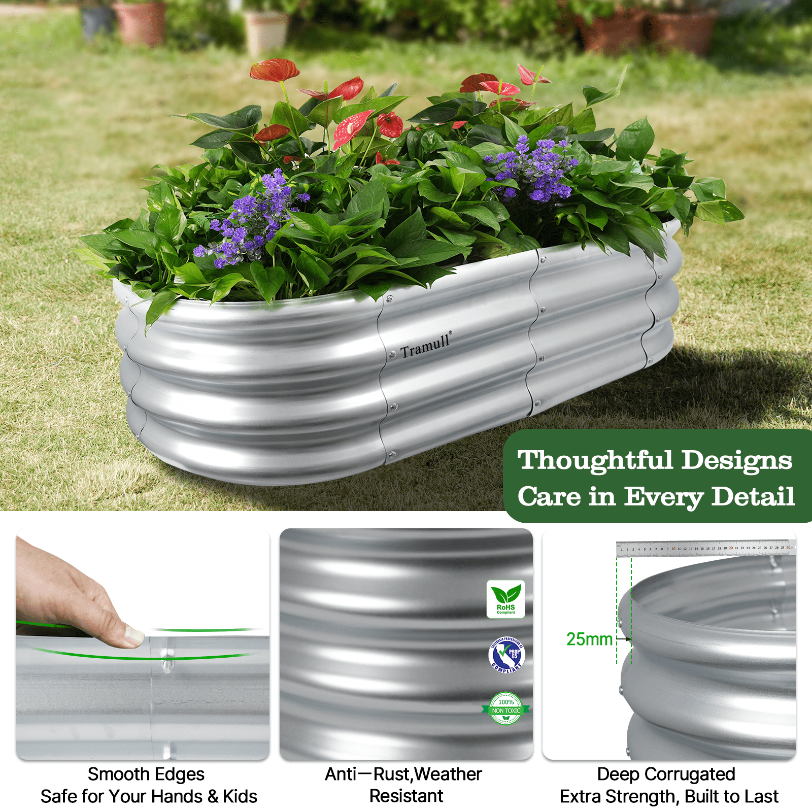 TRAMULL 4*2*1FT Raised Garden Bed Kits, Outdoor Oval Metal Galvanized Ground Planter Garden Boxes for Planting Plants Vegetables