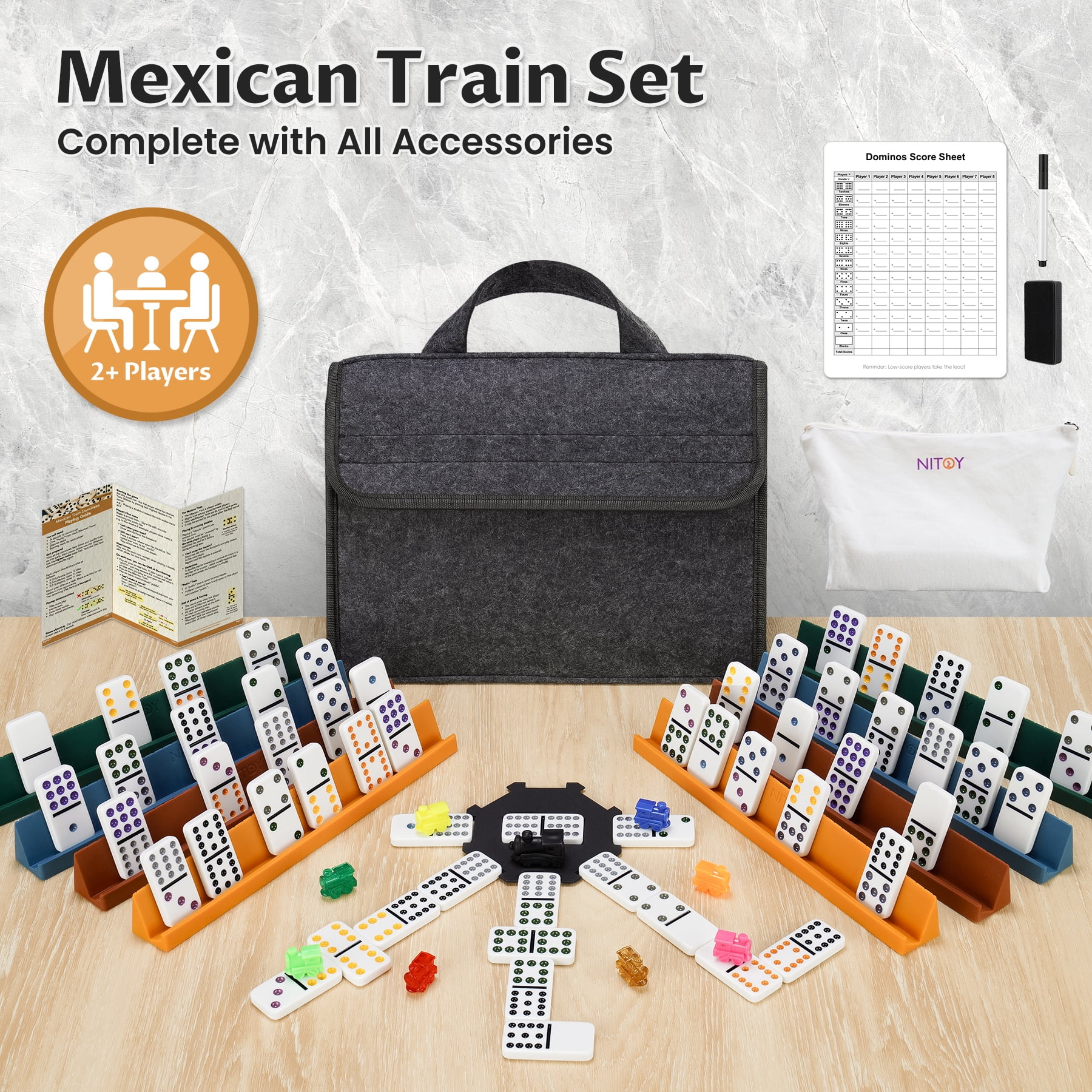 Mexican Train Dominoes Set for Adults, Double 12 Dominoes with 8 Silicone Racks, 91 Color-Coded Tiles, Hub, 9 Train Markers, Scoreboard & Carry Bags - Classic Family Board Game
