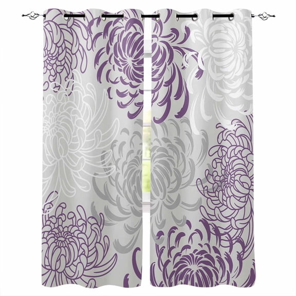 Purple Grey Chrysanthemum Blackout Curtains for Bedroom, Farmhouse Botanical Floral Modern Room Darkening Window Drapes for Living Room, Thermal Insulated Grommet Curtains, 52x90 inch, 2 Panels