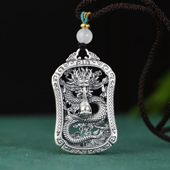 HOOUN Pure 999 Fine Silver Men Women Gift Lucky Hollow Carved Dragon Oblong Pendant