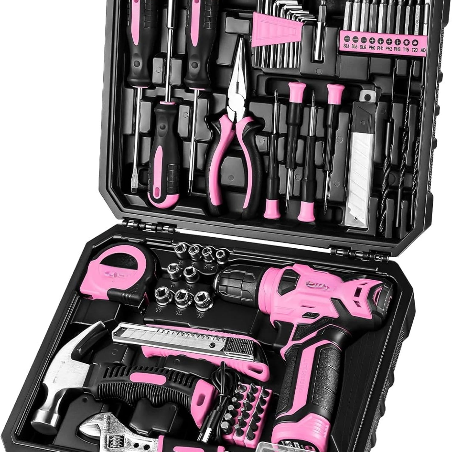 Drill Set, Home Tool Set with 8V Pink Cordless Drill, Hand Tool Kit for Women, 126 pcs