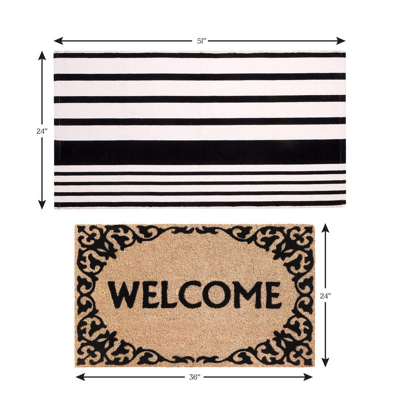 A1HC Coir Welcome Mat and Black & White Striped Cotton Rug Combo Set, 24"x36" & 24"x51", Hand-Woven Washable Entryway Décor