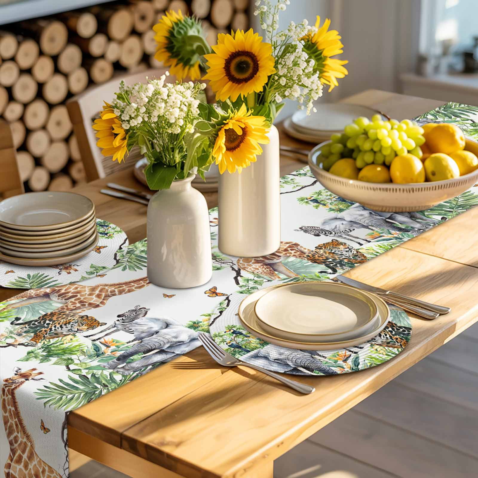 Tropical Animal Round Table Placemats set of 4, Giraffe Zebra Elephant Leopard Washable Woven Place Mats for Dining Tables Kitchen Party Decor,Heat Proof, 13in, Brown Green Gray