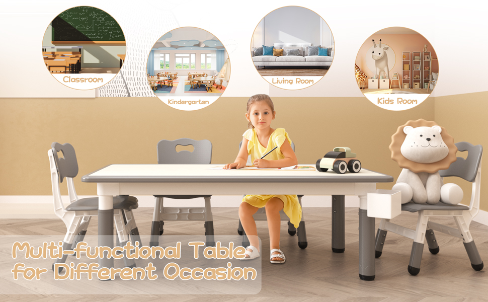 COZONY Kids Table and Chair Set, Adjustable Height Toddler Table with 6 Seats, Non-Slip Legs, Graffiti Desktop for Ages 2-8