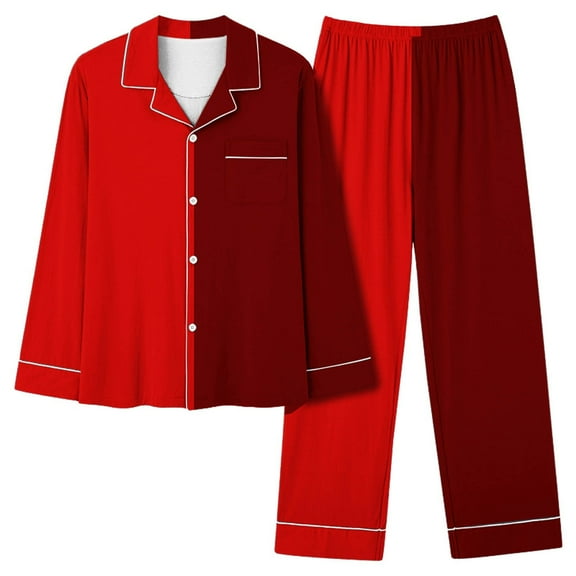Annhoo Pajama Sets for Women 2 Piece Color Block Outfits Fall Lapel Long Sleeve Button down Shirts with Pants Homewear