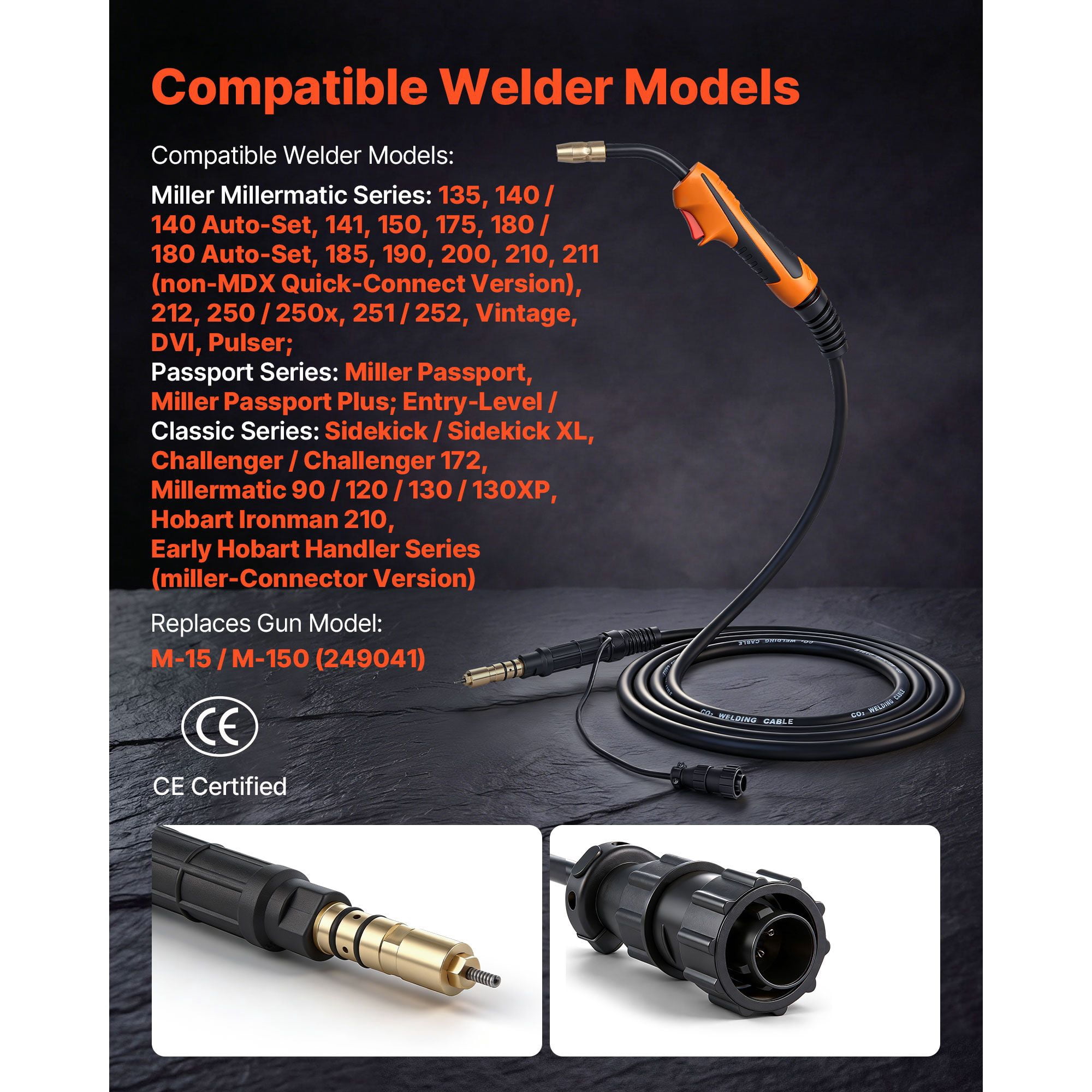 MIG Welding Gun 150A 15ft Pure Copper Cable Replacement for Miller M-15/M-150 for Millermatic