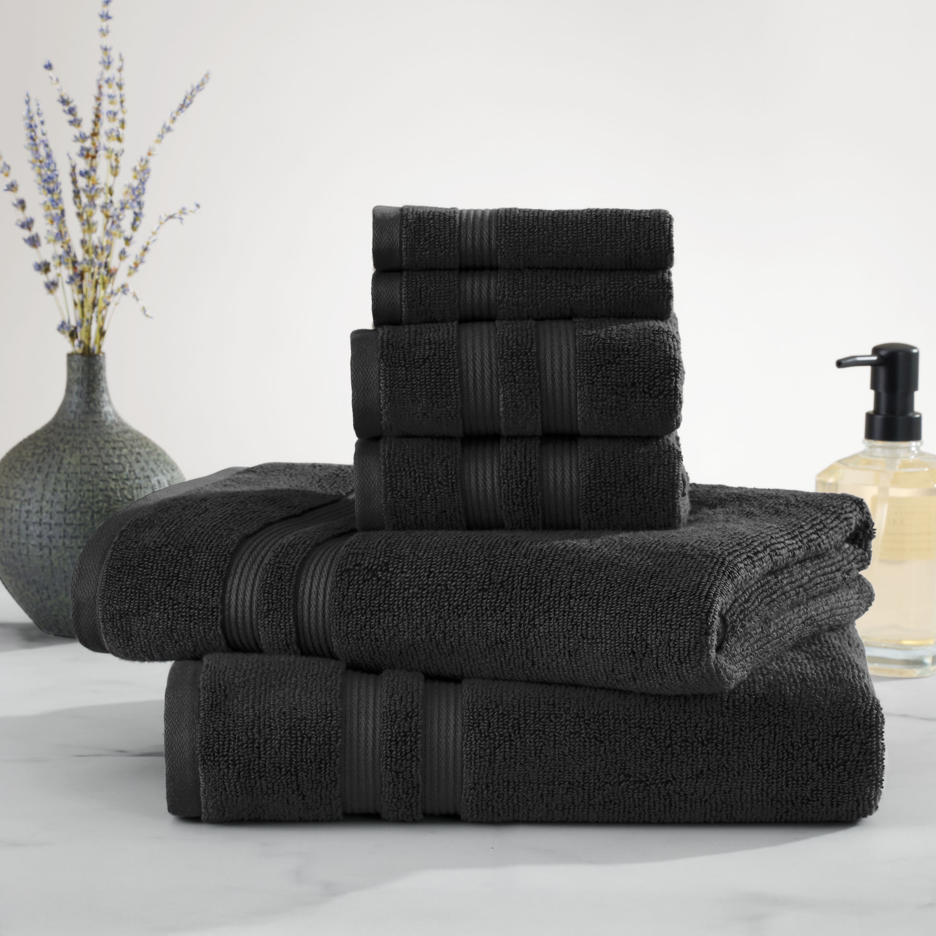 Mainstays Performance Cotton 6-Piece Bath Towel Set, Super Soft Quick Dry Fade Resistant, Solid Black