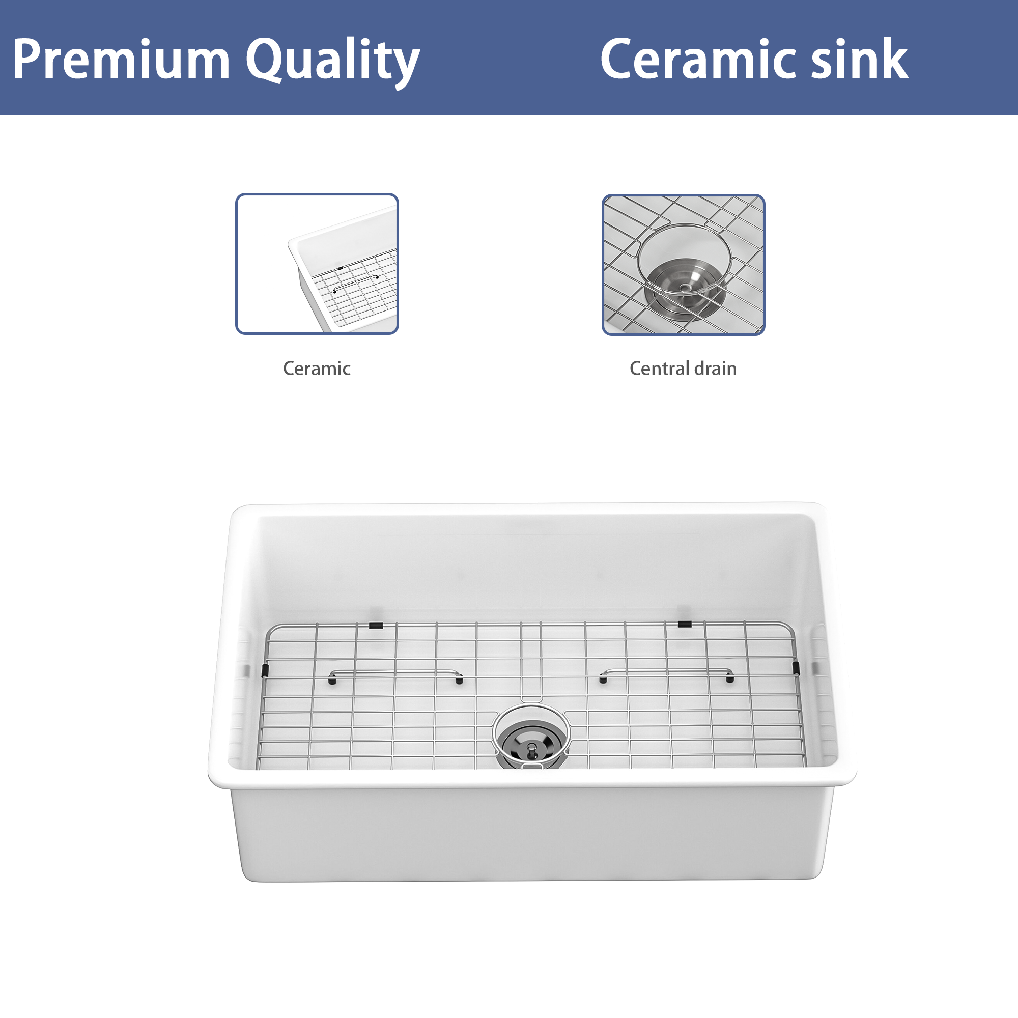 32" Undermount Single Bowl Ceramic Kitchen Sink, Dual Mount White Farmhouse Sink with 10" Depth, Includes Stainless Steel Grid & Basket Strainer