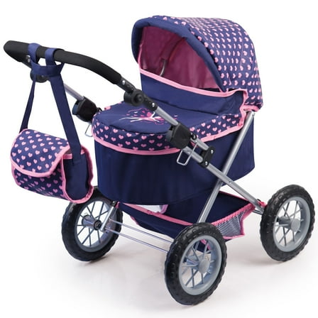 Bayer Design: Trendy Pram Stroller - Navy & Pink Hearts - Accessory For Dolls Up To 18", Matching Shoulder Bag, Adjustable Handle, Foldable, Kids 3 