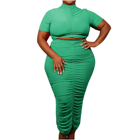 Sentmoon Slit Womens Dresses Short Sleeve Holiday Dresses for Women Pleated Knotted Solid Color Short Dresses,Fit & Flare Stylish Womens Fashion Green XXXXL