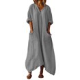 thumbnail image 2 of Vhkiploz Summer Maxi A-Line Linen Dress for Women's V-Neck 3/4 Sleeve T-Shirt Dress Solid Color Beachwear Tunic Dress with Pockets, S-2XL, 2 of 8