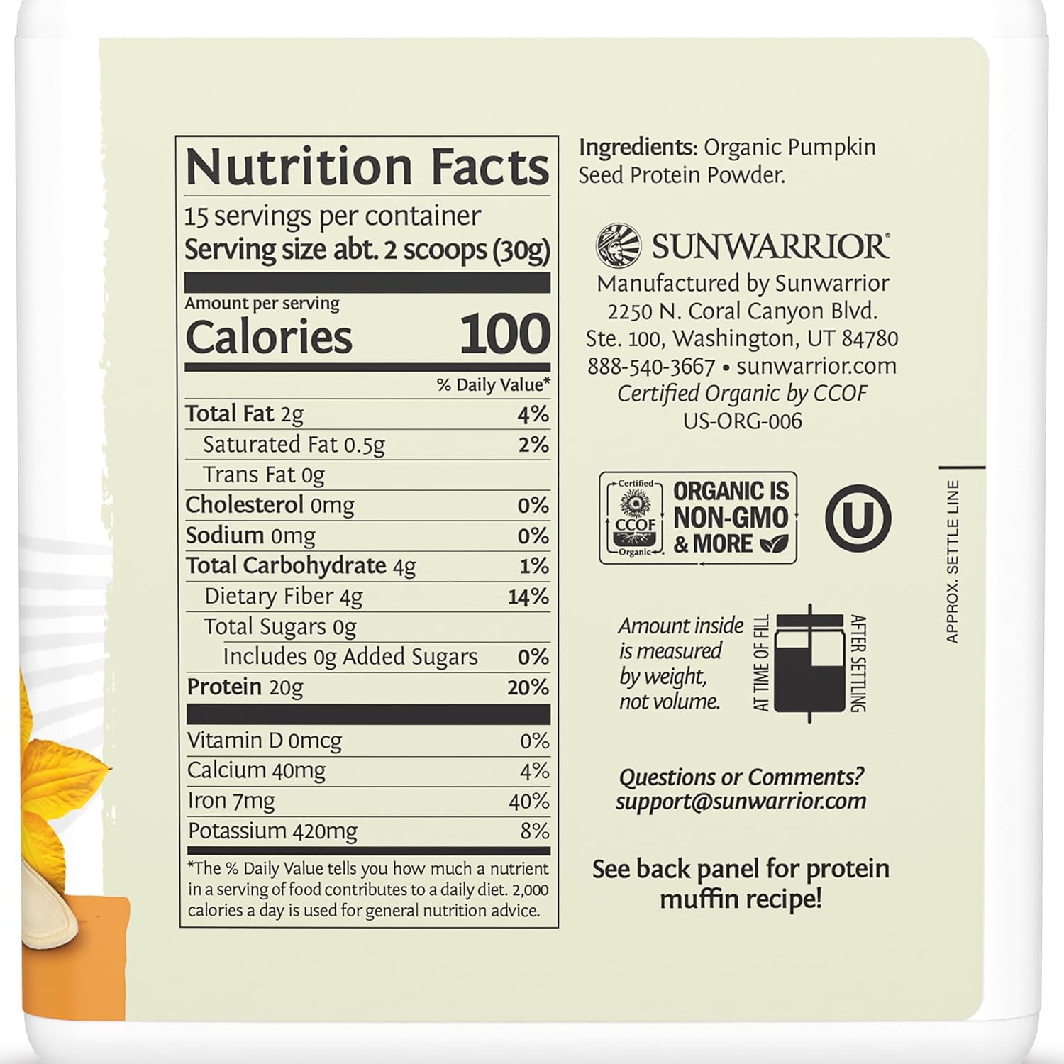 Sunwarrior Harvest Organic Pumpkin Seed Protein Powder, 20g Protein, Unflavored, 15.8 oz