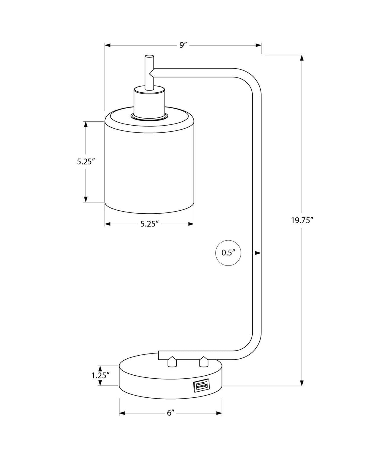 Monarch Specialties Lighting, 20"h, Table Lamp, Usb Port Included, Black Metal, Glass Shade, Modern