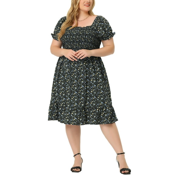 Agnes Orinda Women's Plus Size Dress Ruffle Short Sleeves Flared Flowy Smock Floral Mid Dresses 3X Black