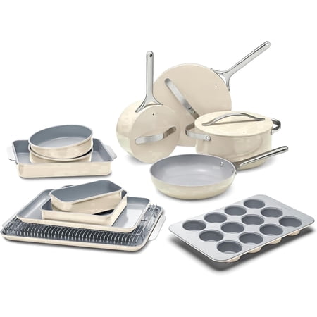 Caraway 23-Piece Nonstick Ceramic Cookware & Bakeware Set – Pots, Frying Pans, Lids, Baking Sheets, Pans, Cooling Rack & Storage – Oven Safe, – Compatible with All Stovetops - Cream