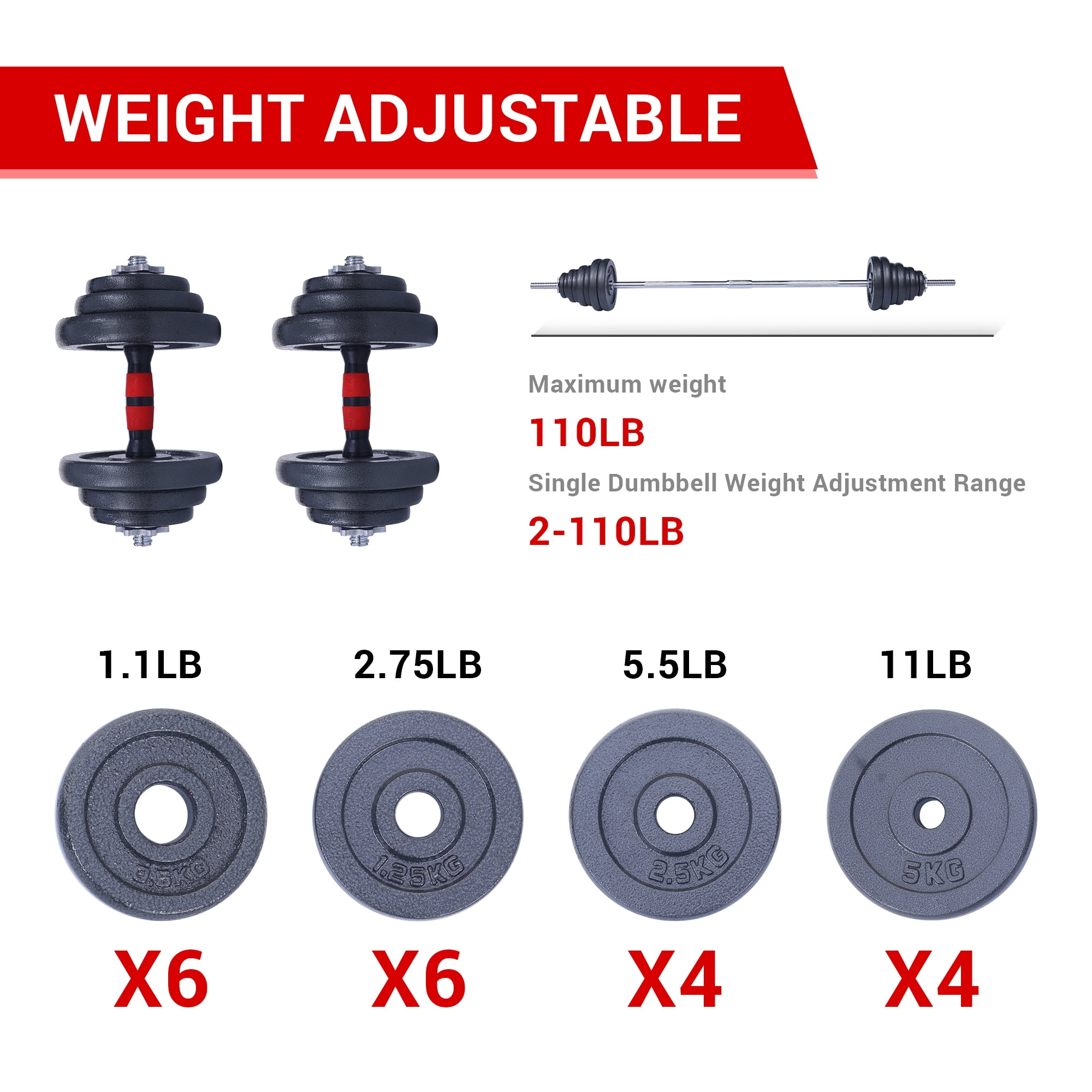 Adjustable Dumbbell Set, 22/33/44/66/105 lbs Metal Barbell 2 in 1 Weight Pair, Anti-Slip Handle, All-Purpose, Home, Gym, Office, Fitness (Barbell 105LB or 48.5LB Dumbbell Pair)