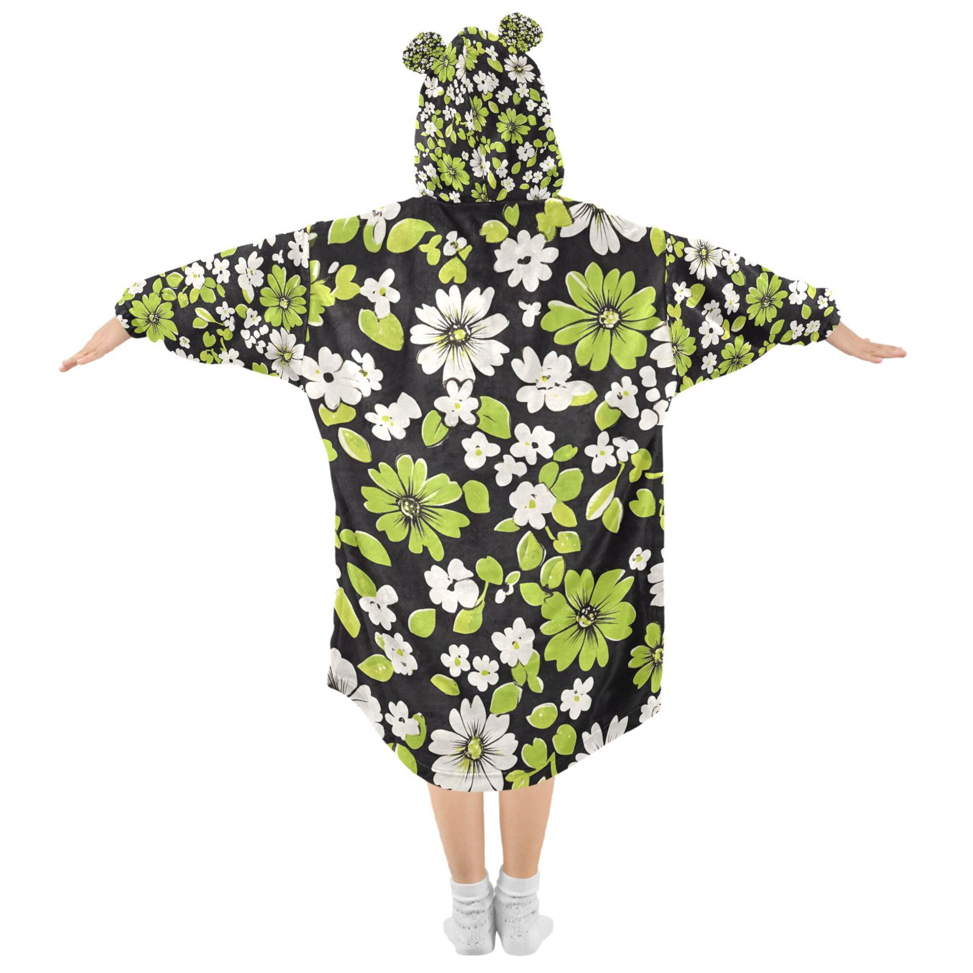 FORMRS Wearable Blanket Hoodie with Sleeves for Kids Cozy Flannel Sweatshirt, Green Flower Pattern