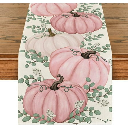 

dosil Halloween Pink Pumpkins Eucalyptus Fall Table Runner Autumn Thanksgiving Kitchen Dining Table Decoration for Home Party Decor
