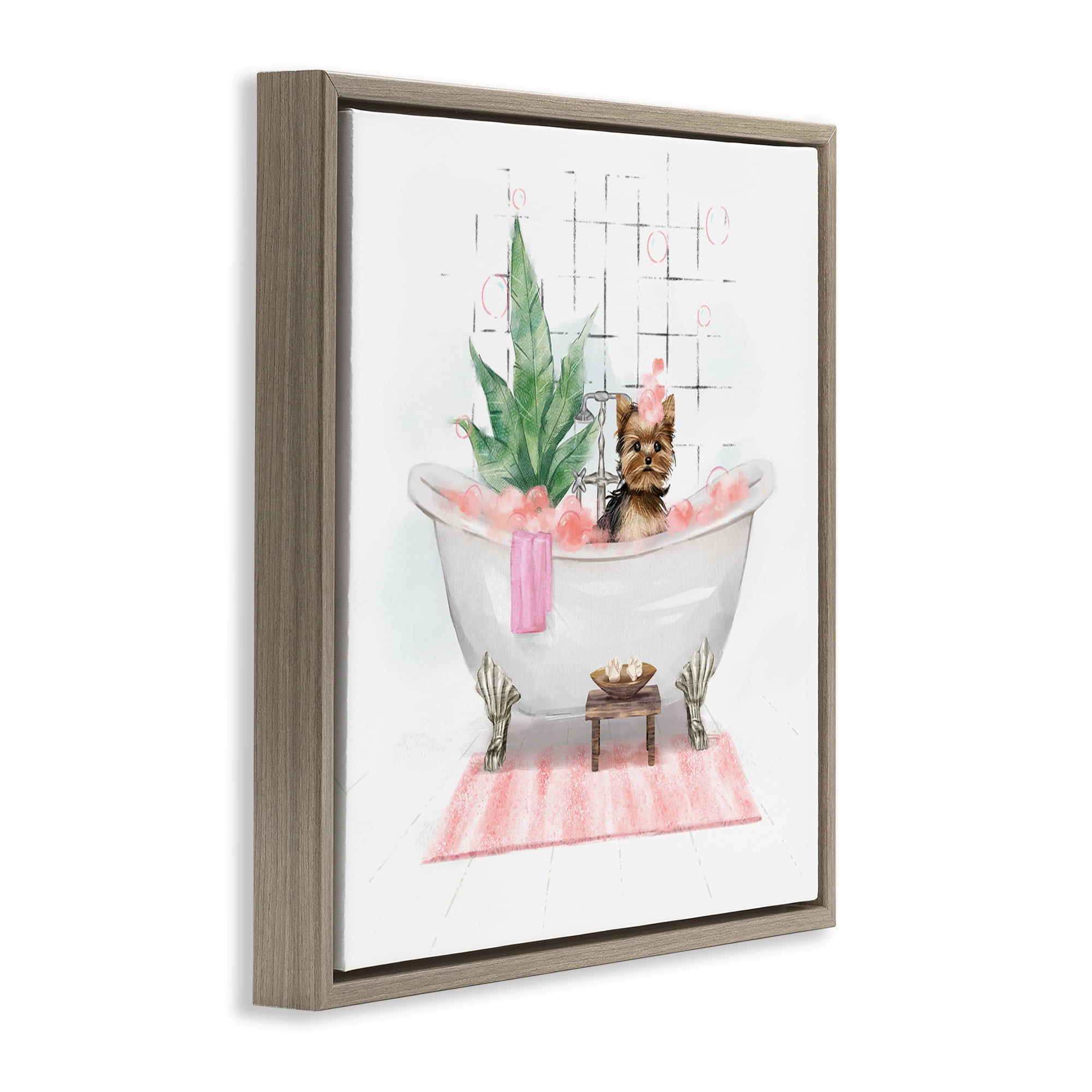 Stupell Industries Chic Yorkie Dog in Bubble Bath Animals & Insects Painting Brown Floater Framed Canvas Art Print Wall Art, 25 x 25