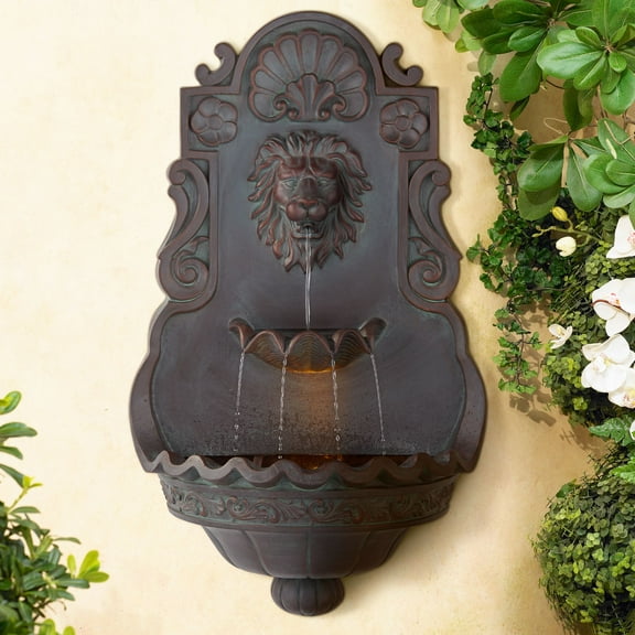 Royal Lion Head 31 1/2" High Large Rustic Indoor Outdoor Decor Bronze Wall Fountain with Light LED Outside
